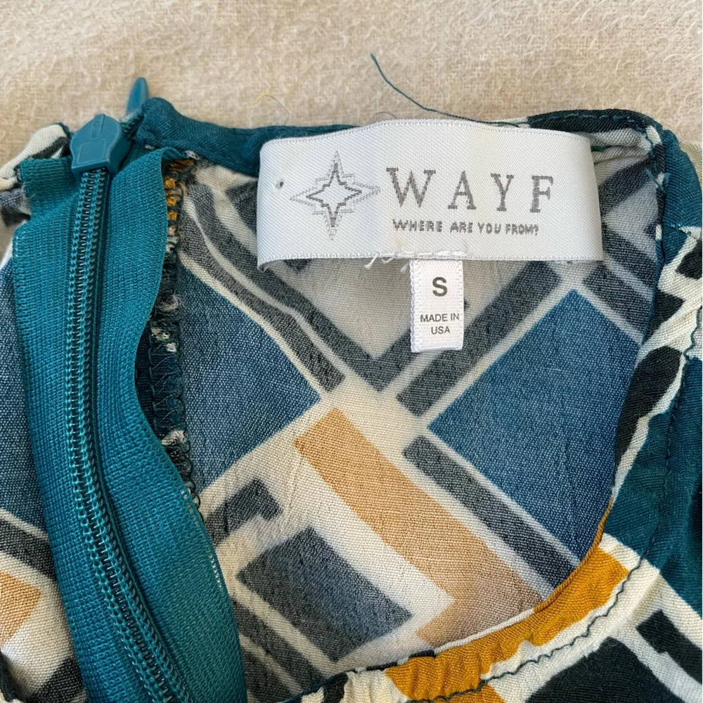 WAYF Long Sleeve Midi Tunic Dress Unlined Gold Turquoise Geometric Pattern - Picture 4 of 7